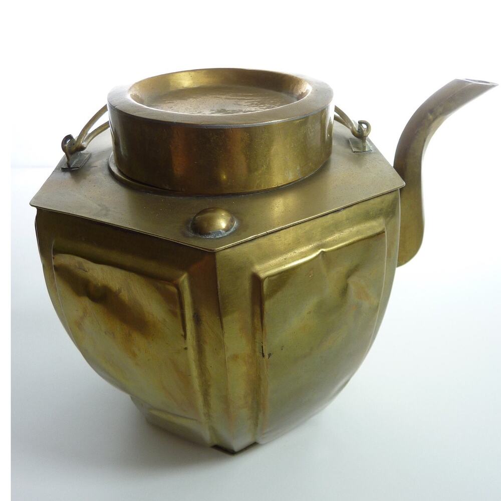 Vintage Brass Teapot Hexagon Decorative Asian 6 Sided Double Handle Heavy Patina